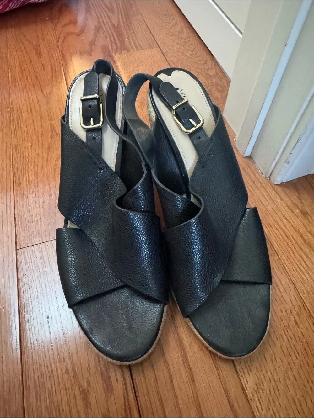 Black Leather Slingback Wedge Sandals - Women